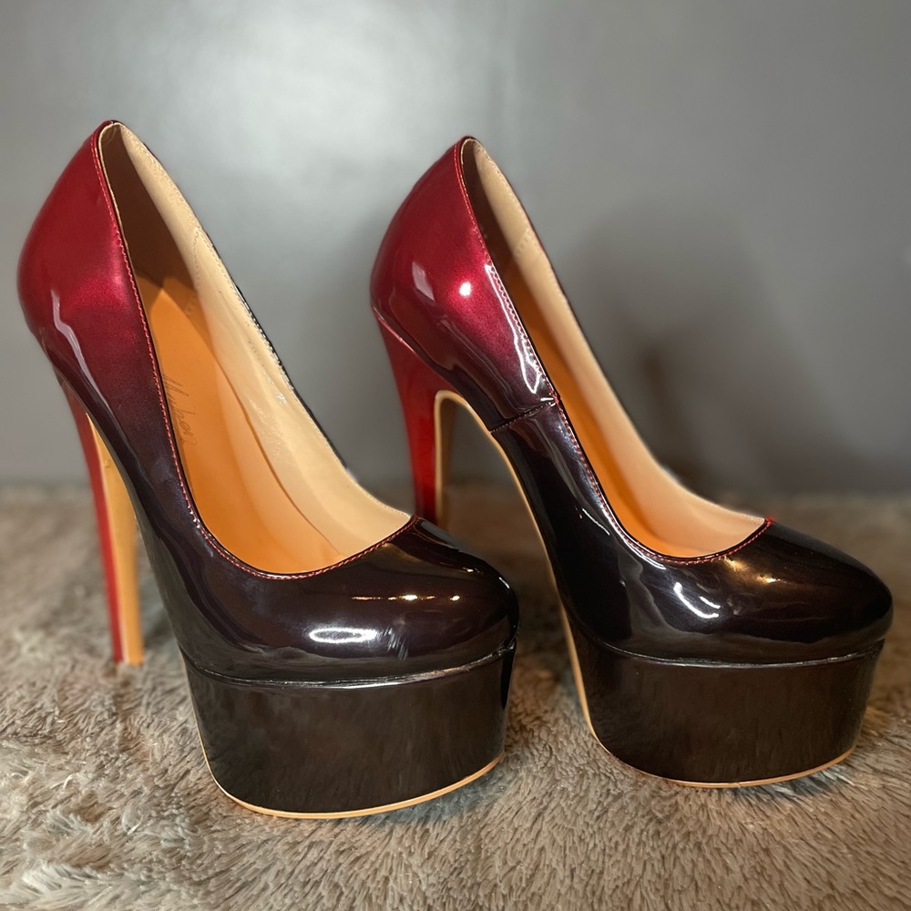 New Red Black Gradient Patent Leather Round Toe Platform Stiletto Heels Pumps